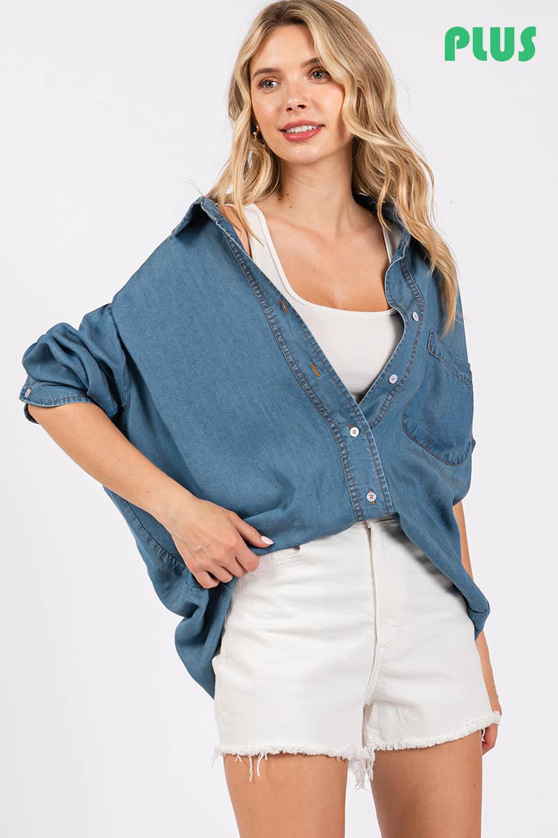 V-NECK LAPEL COLLAR PLUS SIZE SHIRT- Denim: DENIM