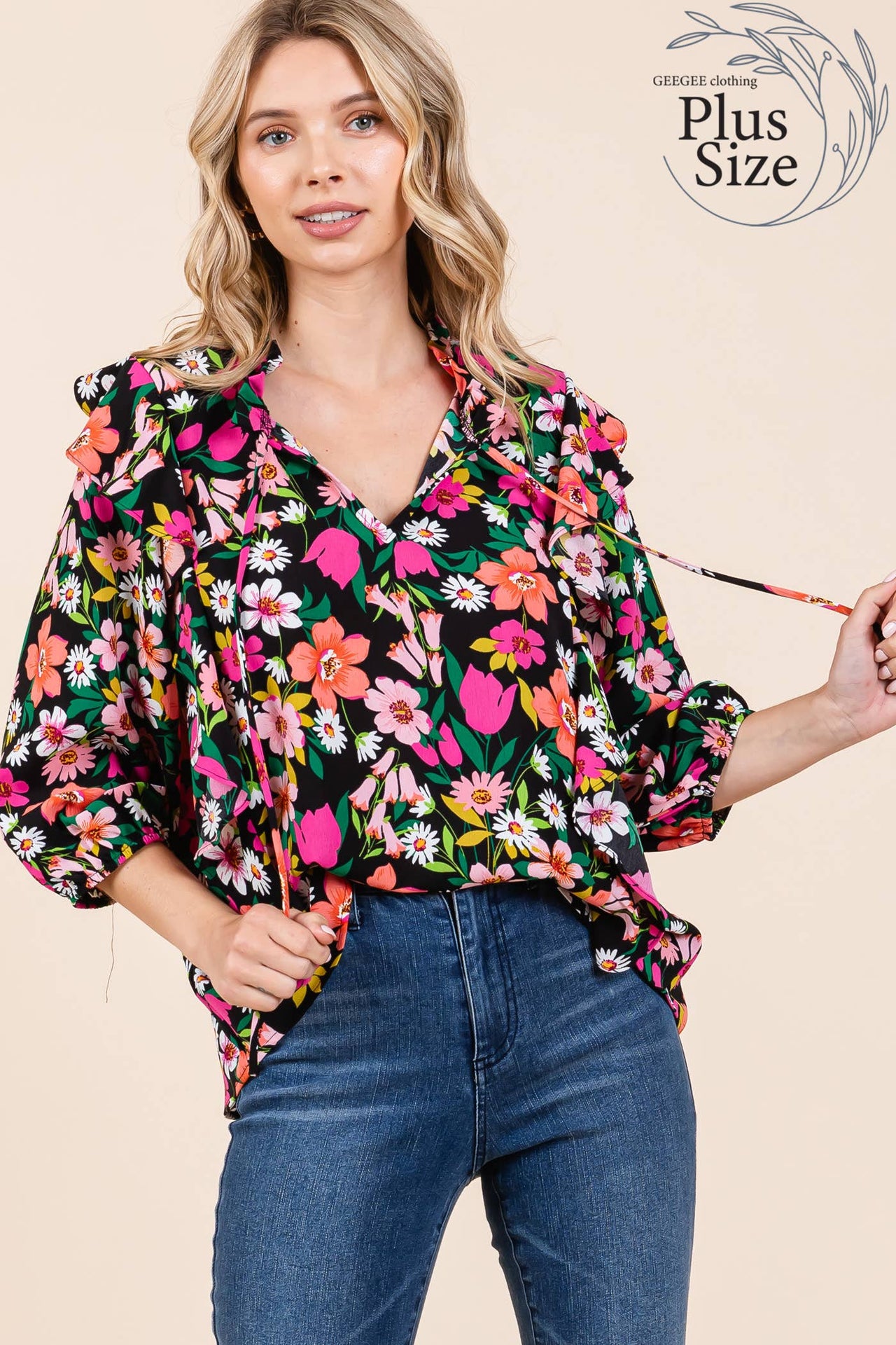 Plus Floral Print Ruffle Trim Blouse