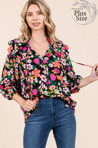 Thumbnail for Plus Floral Print Ruffle Trim Blouse