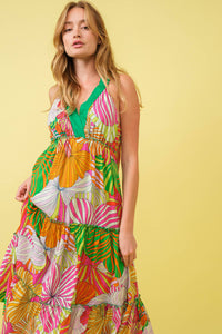 Thumbnail for Tropical Halter Strap Empire Tiered Midi Dress: MULTI GREEN