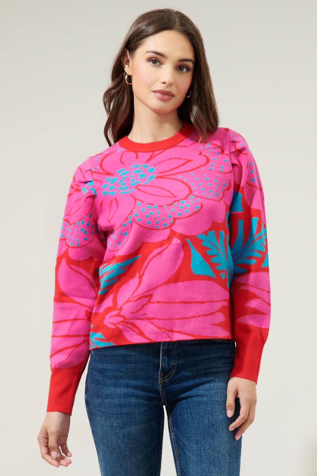 Zinnia Floral Gathered Shoulder Sweater