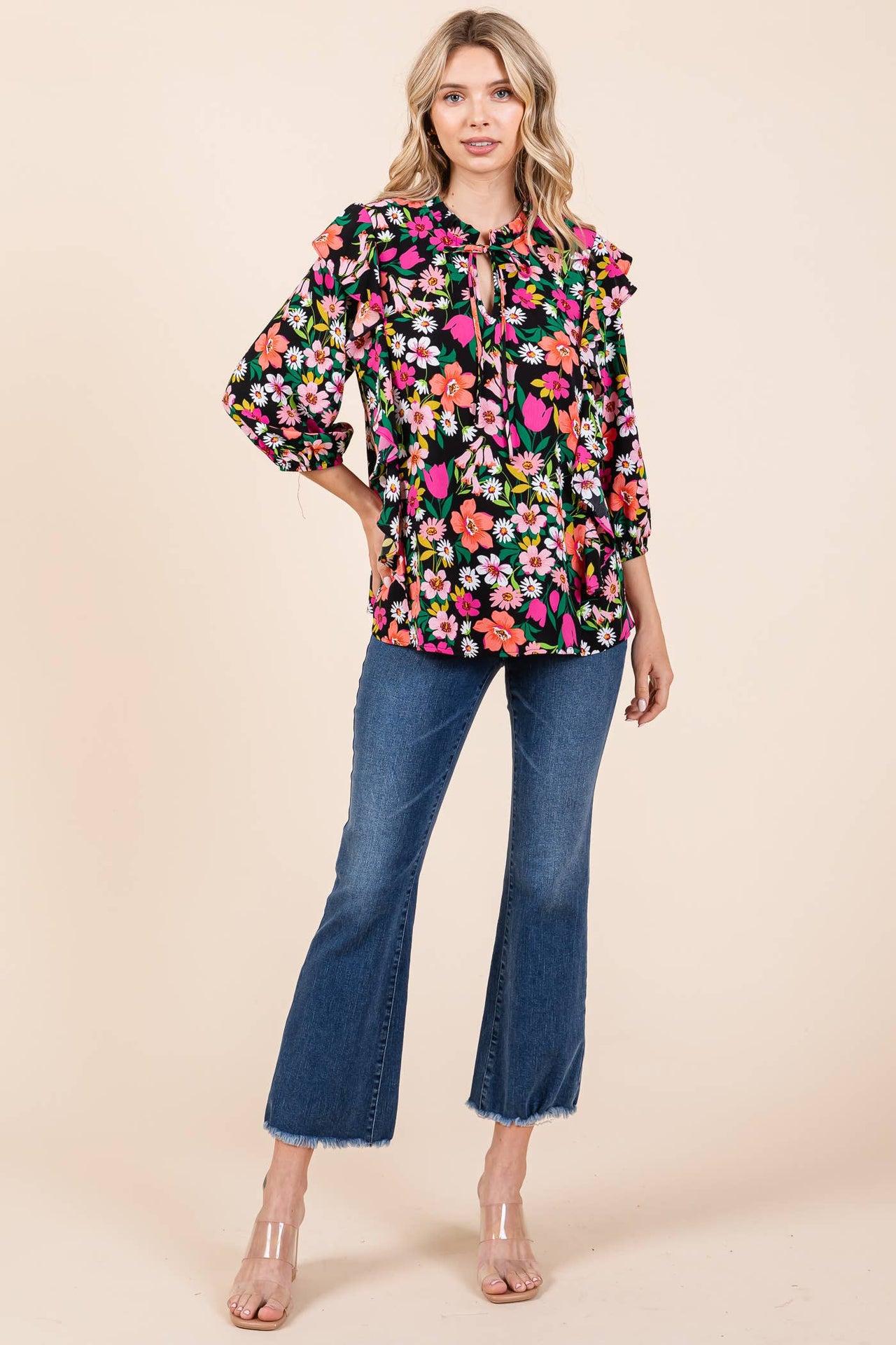 Floral Print Ruffle Trim Blouse