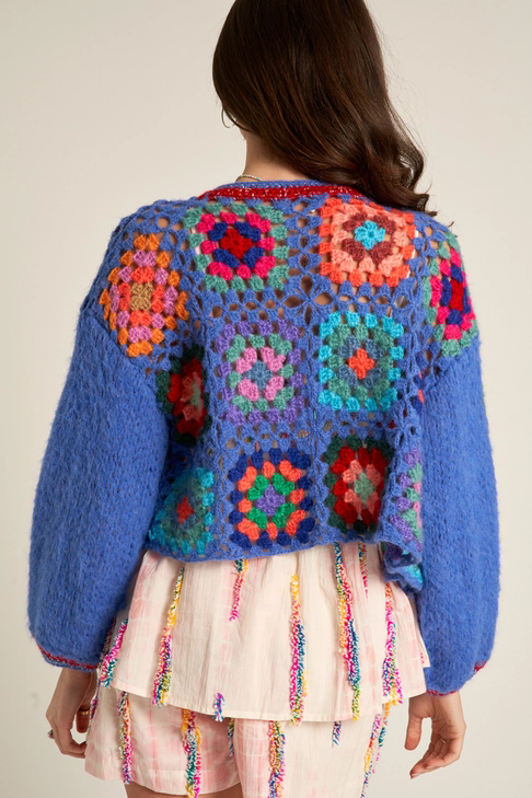 Cropped Crochet flower Sweater Cardigan: Blue