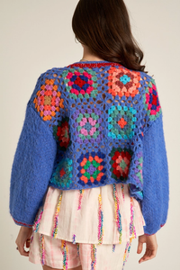 Thumbnail for Cropped Crochet flower Sweater Cardigan: Blue