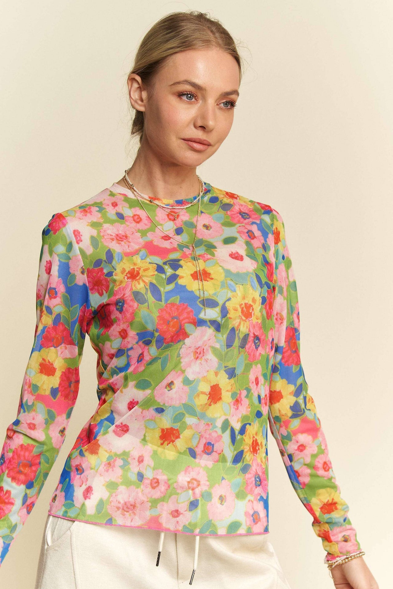 FLOWER PRINTED MESH ROUND NECK LONG SLEEVE TOP