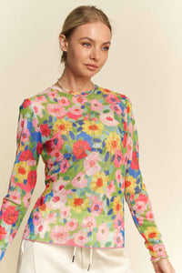 Thumbnail for FLOWER PRINTED MESH ROUND NECK LONG SLEEVE TOP