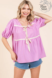 Thumbnail for Plus Piping Detail Babydoll Top