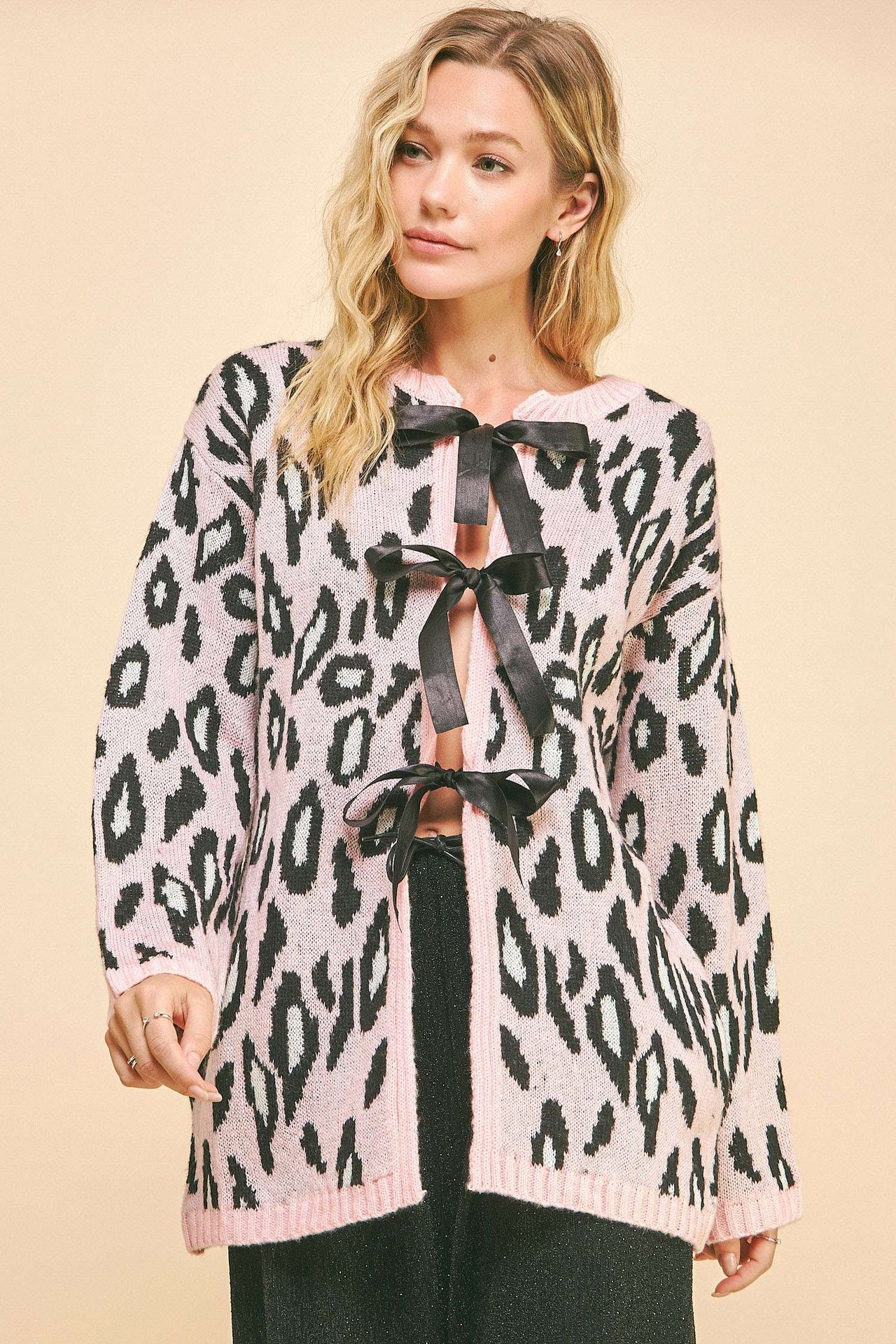 LEOPARD RIBBON TIE FRONT LOOSE FIT KNIT CARDIGAN