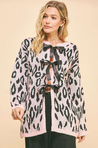 Thumbnail for LEOPARD RIBBON TIE FRONT LOOSE FIT KNIT CARDIGAN