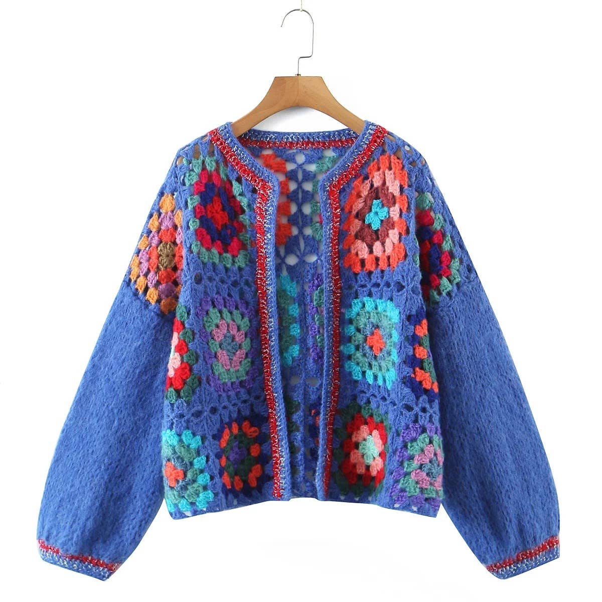 Cropped Crochet flower Sweater Cardigan: Blue