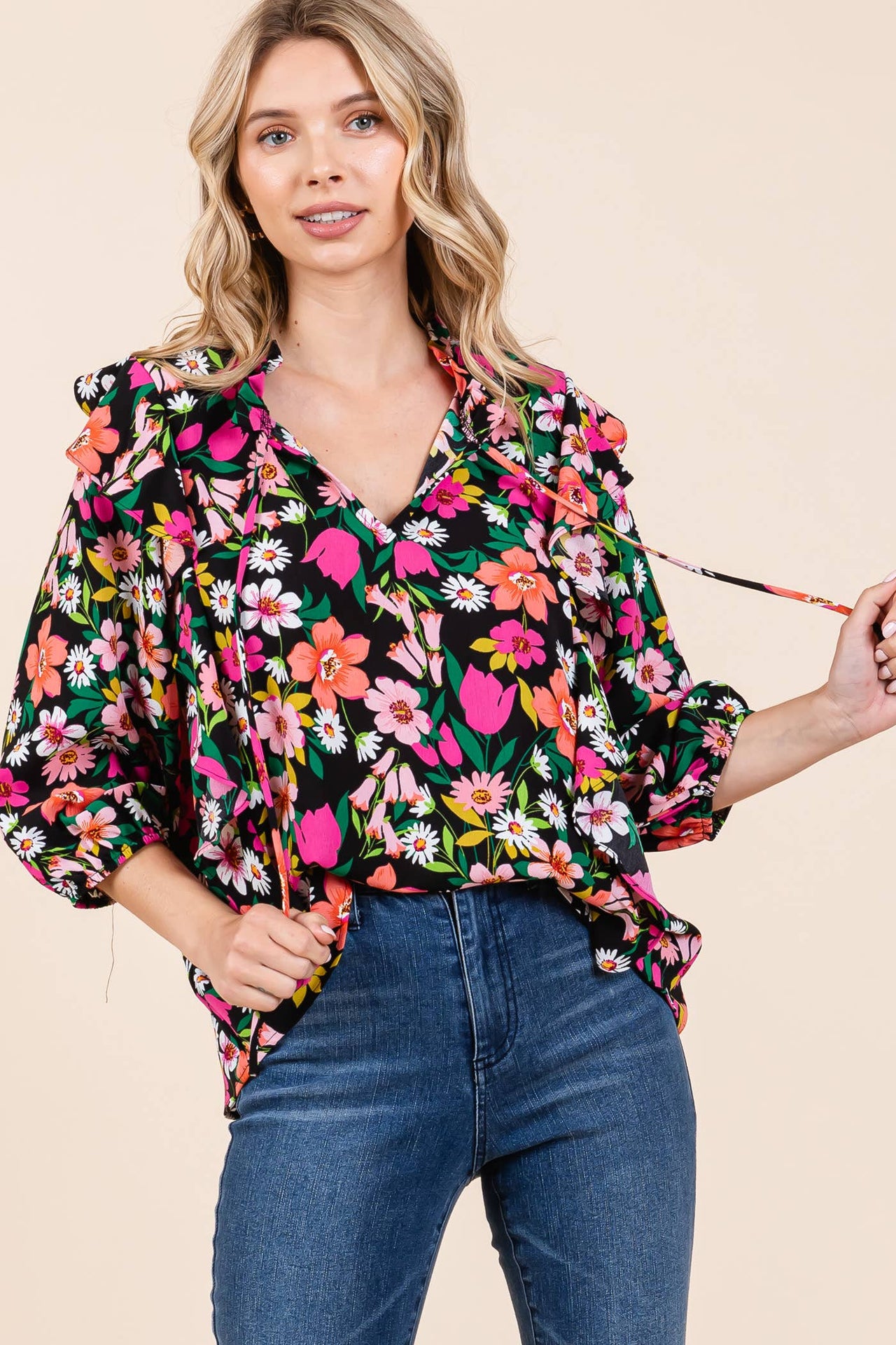 Floral Print Ruffle Trim Blouse