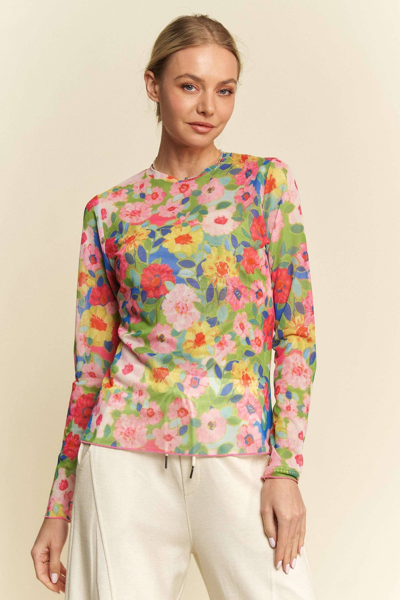 FLOWER PRINTED MESH ROUND NECK LONG SLEEVE TOP