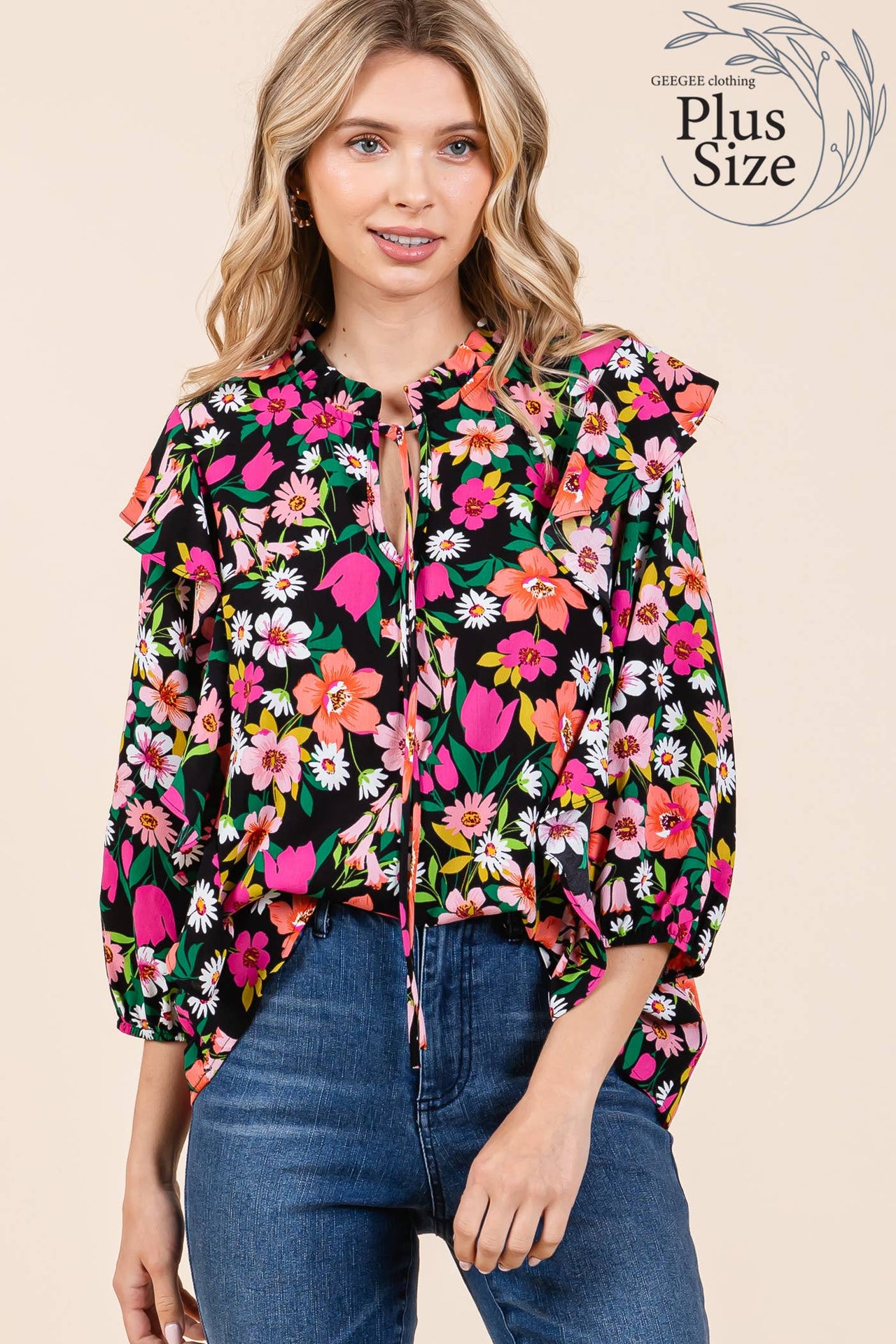 Plus Floral Print Ruffle Trim Blouse