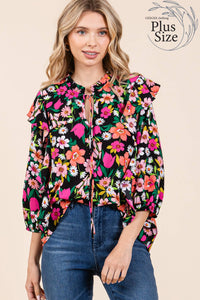 Thumbnail for Plus Floral Print Ruffle Trim Blouse