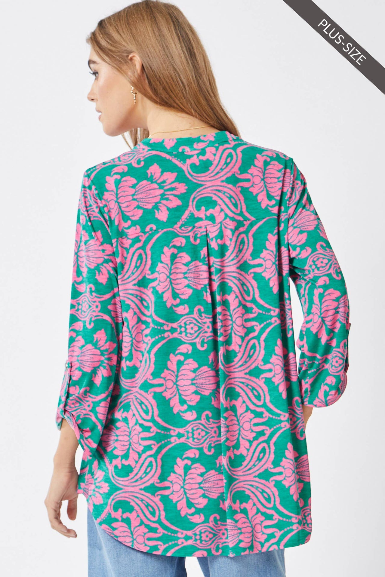 PLUS SIZE 3/4 Sleeve Lizzy Wrinkle Free Blouse: Emerald Pink