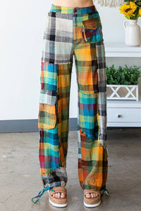 Thumbnail for WASHED PLAID PATCHWORK PANTS