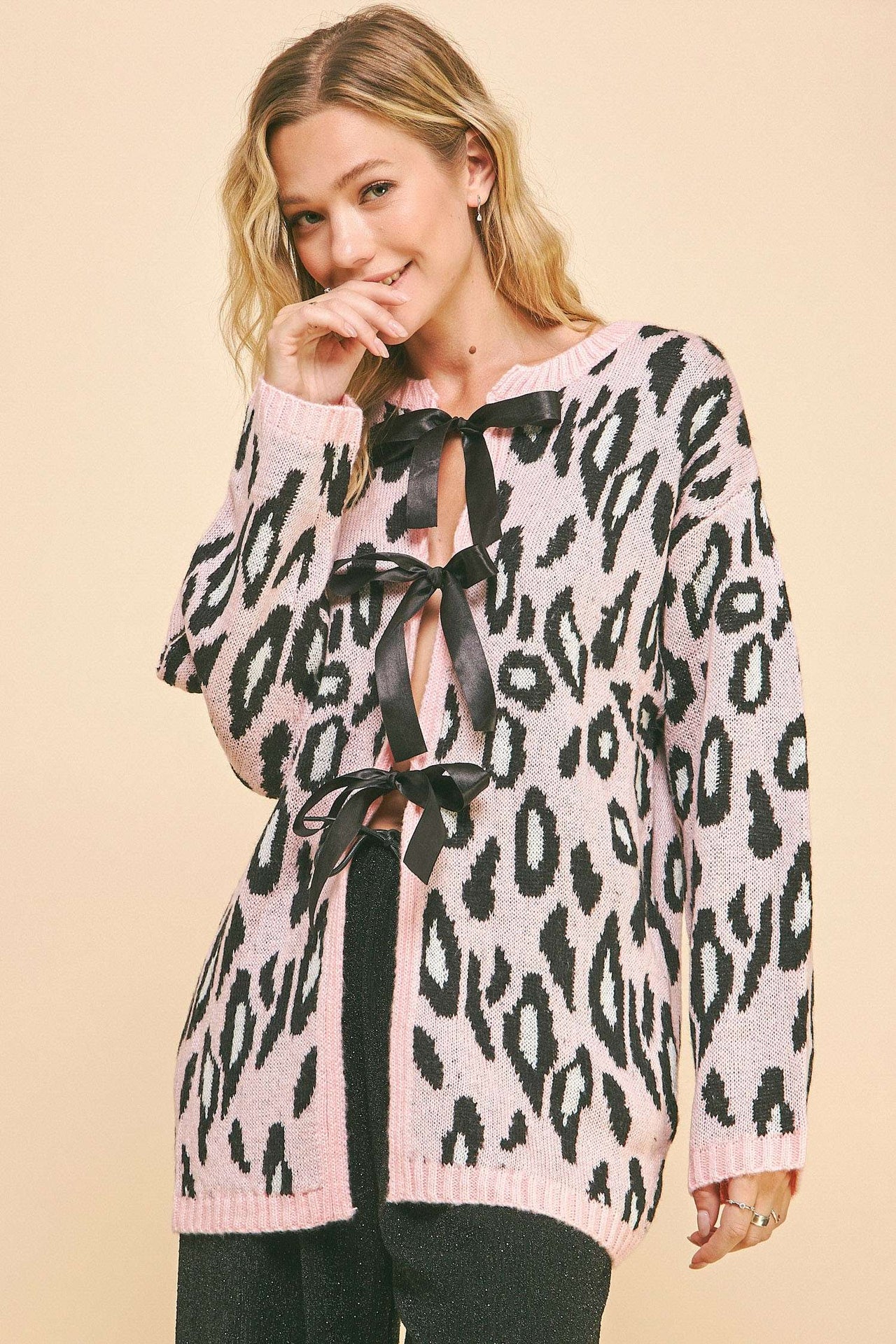 LEOPARD RIBBON TIE FRONT LOOSE FIT KNIT CARDIGAN