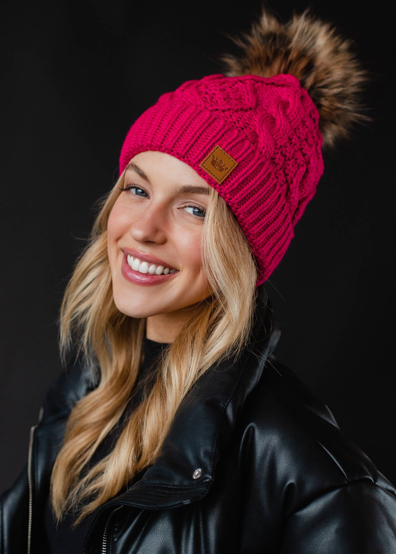 Bright Pink Cable Knit Pom Hat