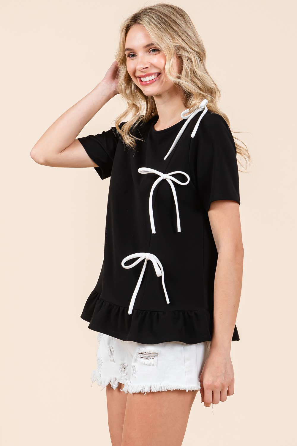 Plus 3-Bow Short Sleeve Top