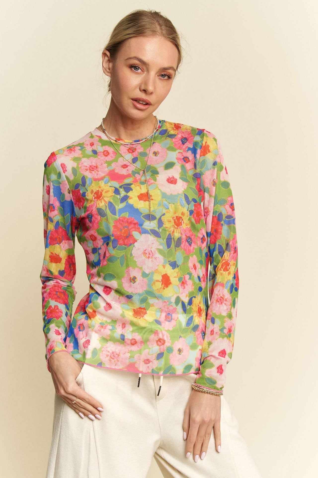 FLOWER PRINTED MESH ROUND NECK LONG SLEEVE TOP