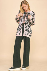 Thumbnail for LEOPARD RIBBON TIE FRONT LOOSE FIT KNIT CARDIGAN