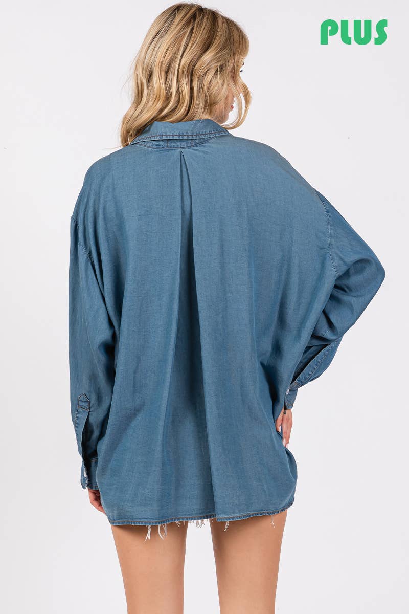 V-NECK LAPEL COLLAR PLUS SIZE SHIRT- Denim: DENIM