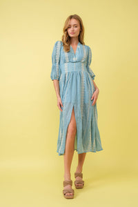 Thumbnail for Embroidered Geo Aztec Stripe Midi Dress: Blue