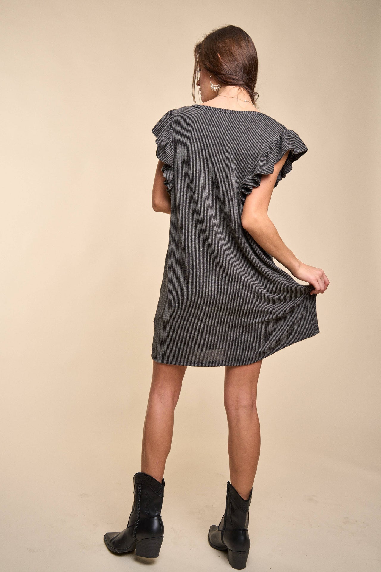 Solid ribbed ruffled short dress KRD4286