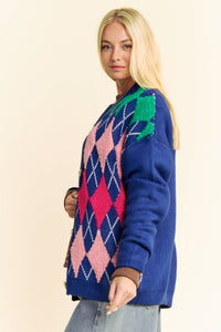 Thumbnail for PLUSH ARGYLE BUTTON FRONT LOOSE FIT KNIT CARDIGAN