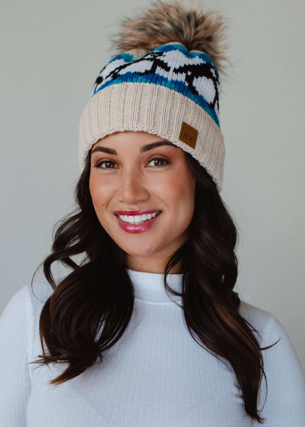 Beige & Blue Penguin Patterned Pom Hat