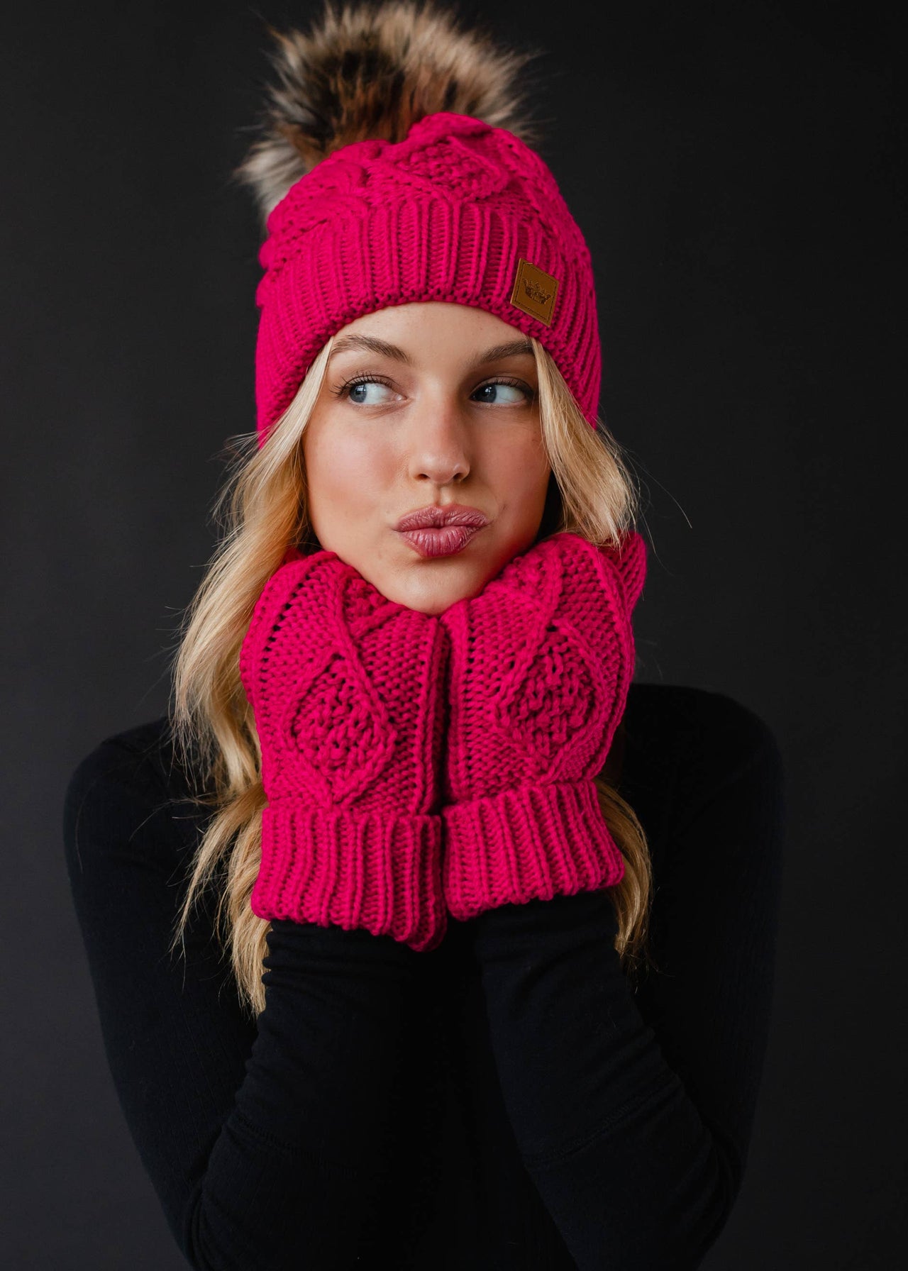 Bright Pink Cable Knit Pom Hat