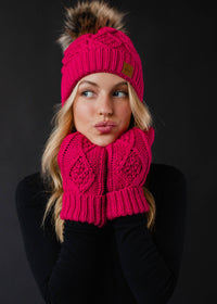 Thumbnail for Bright Pink Cable Knit Pom Hat