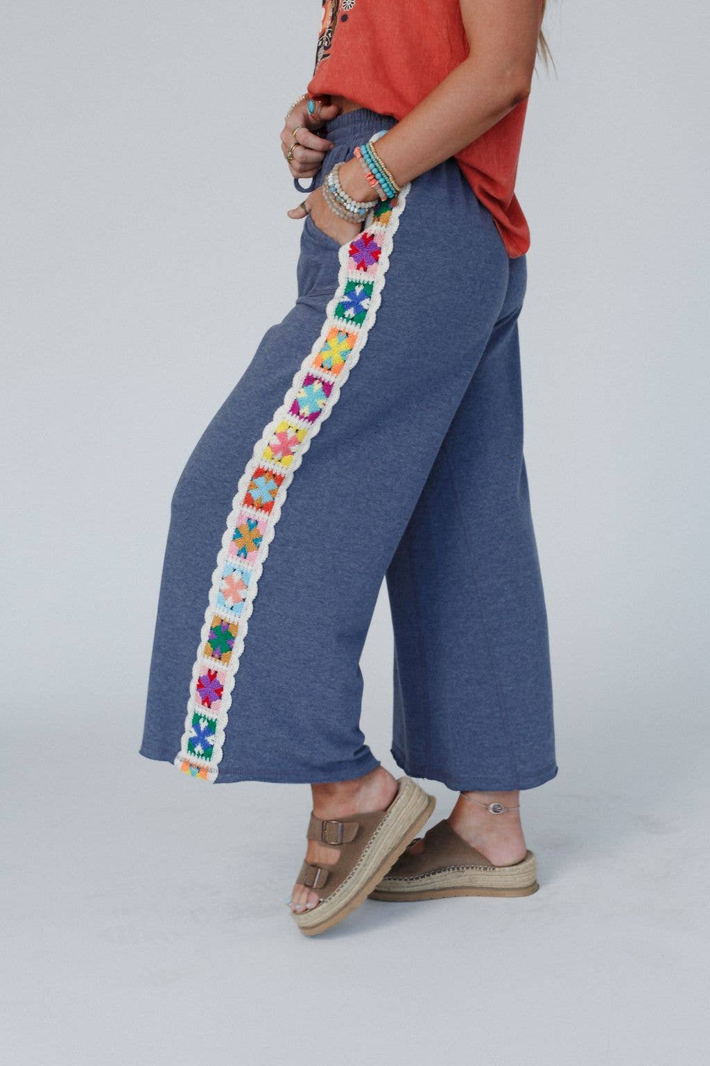 Love Seeker Crochet Panel Pants - Heather Navy: