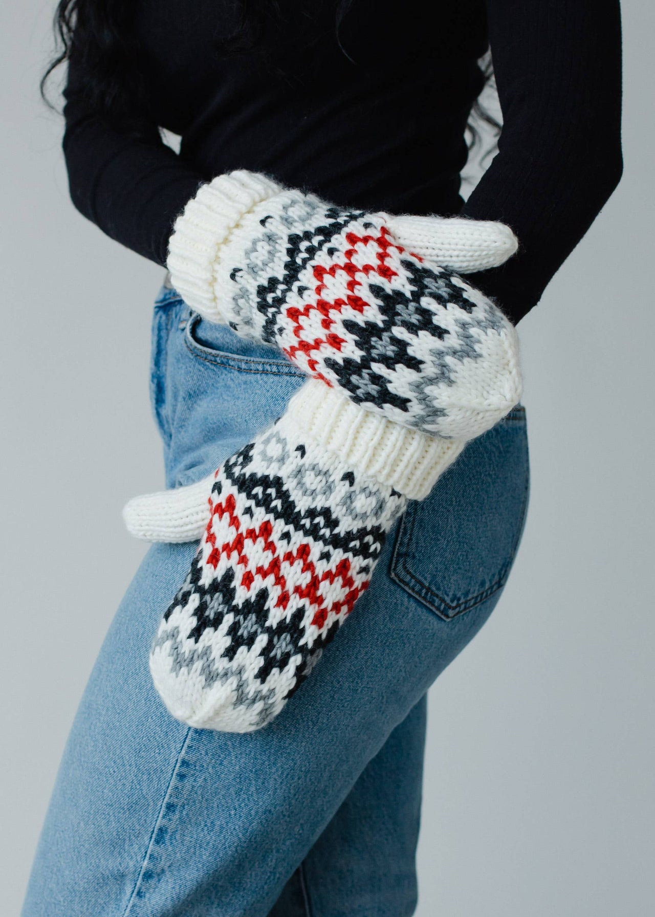 Ivory, Red & Gray Winter Pattern Mittens