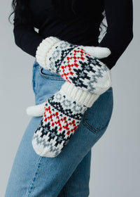 Thumbnail for Ivory, Red & Gray Winter Pattern Mittens