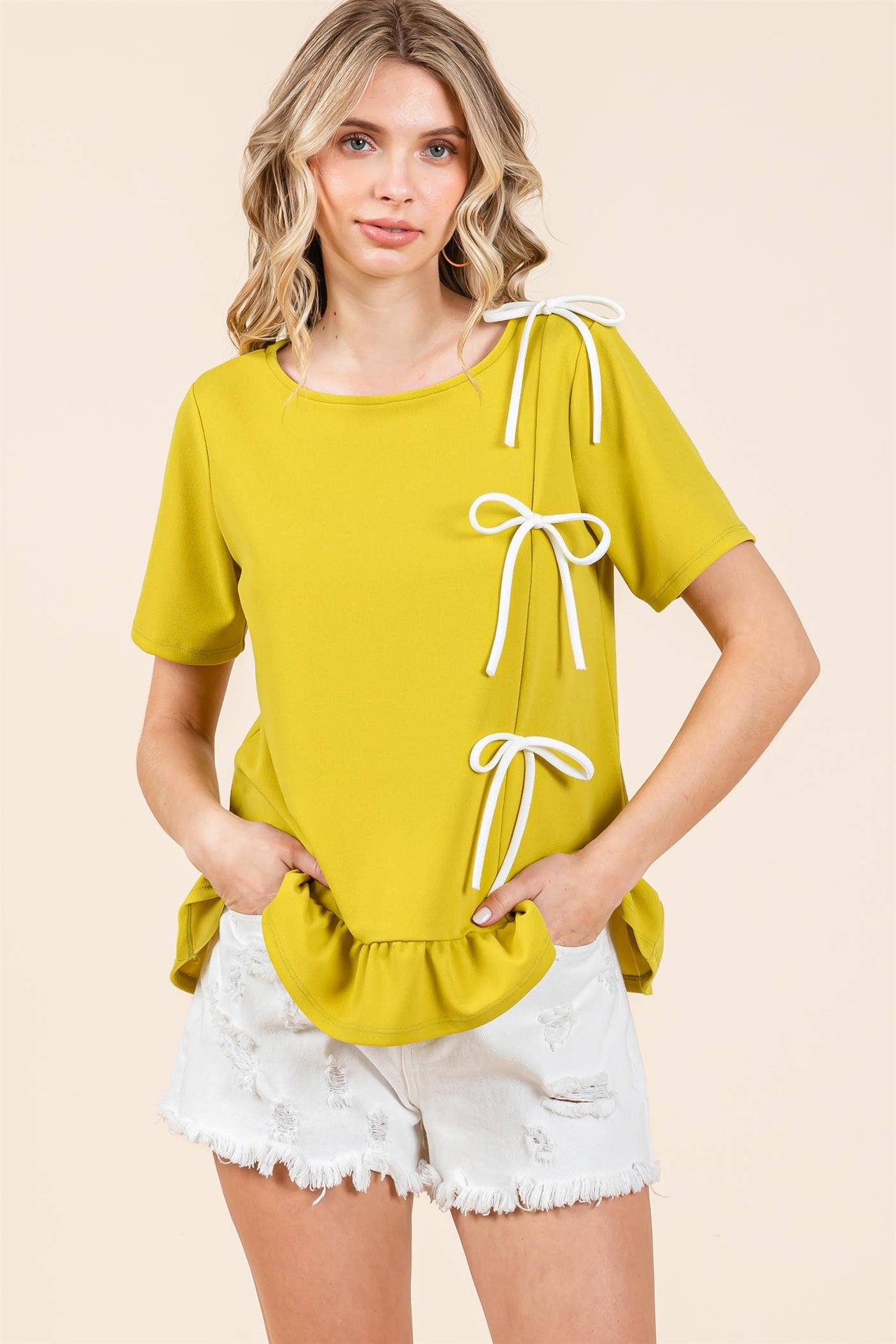 Plus 3-Bow Short Sleeve Top