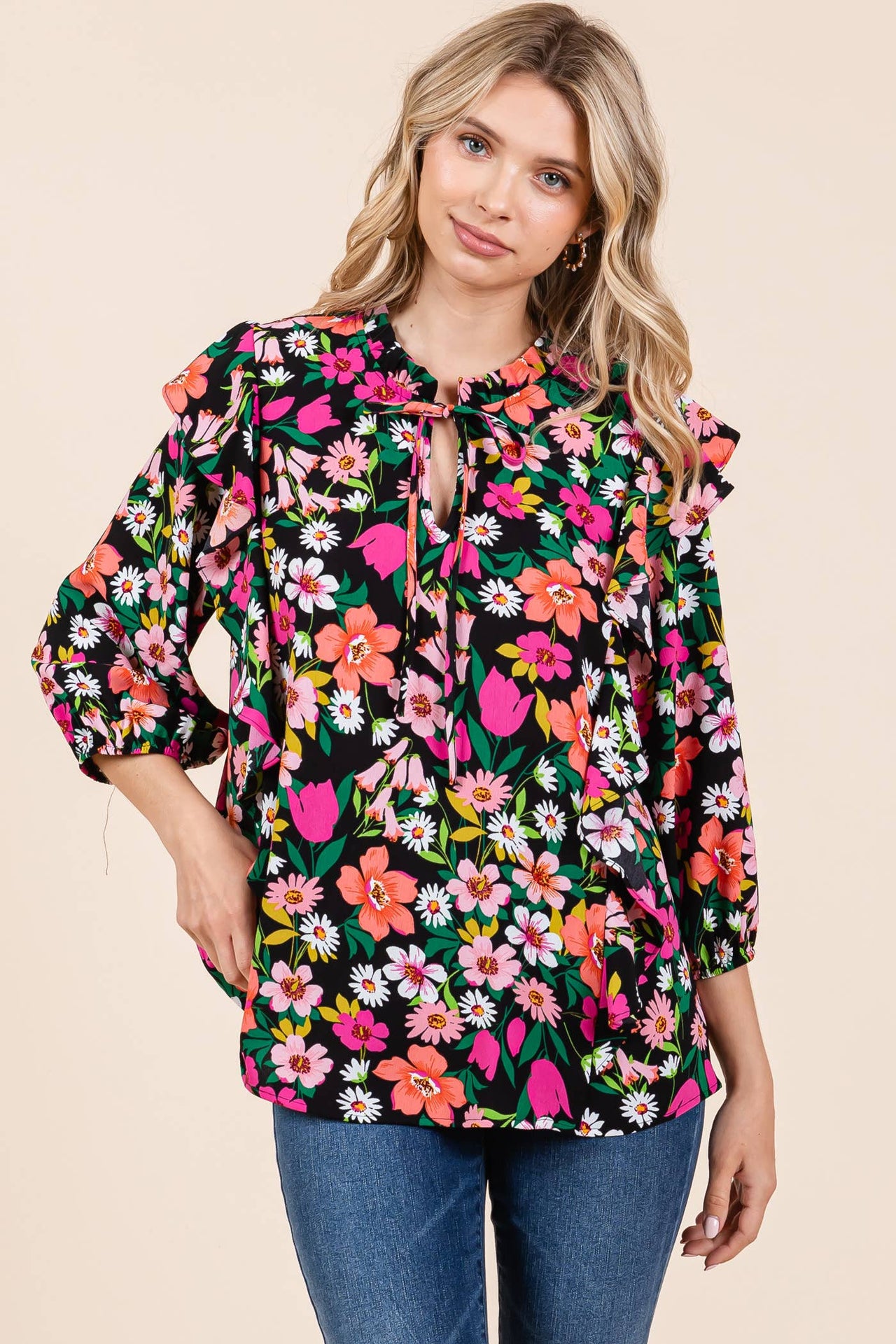 Floral Print Ruffle Trim Blouse