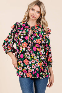 Thumbnail for Floral Print Ruffle Trim Blouse