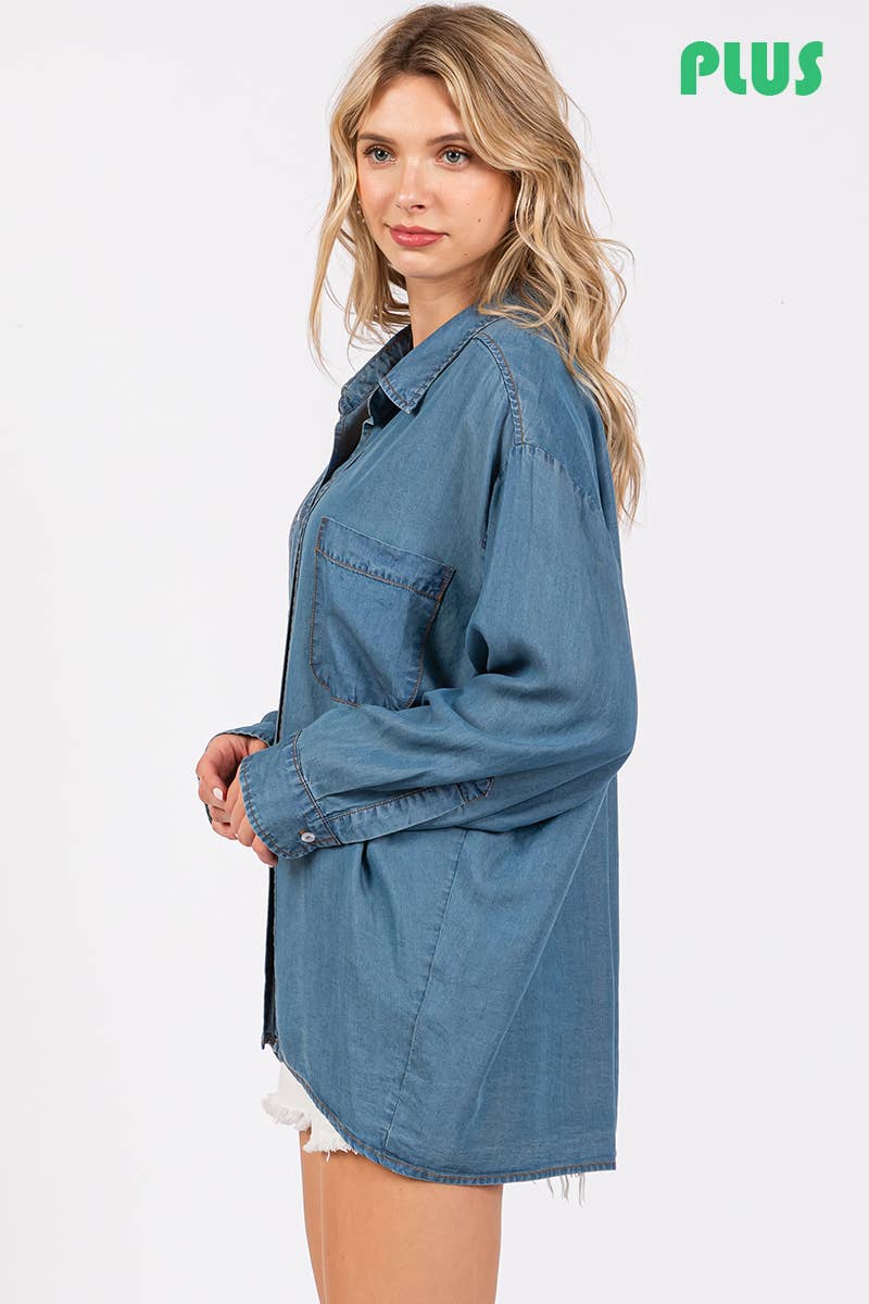 V-NECK LAPEL COLLAR PLUS SIZE SHIRT- Denim: DENIM