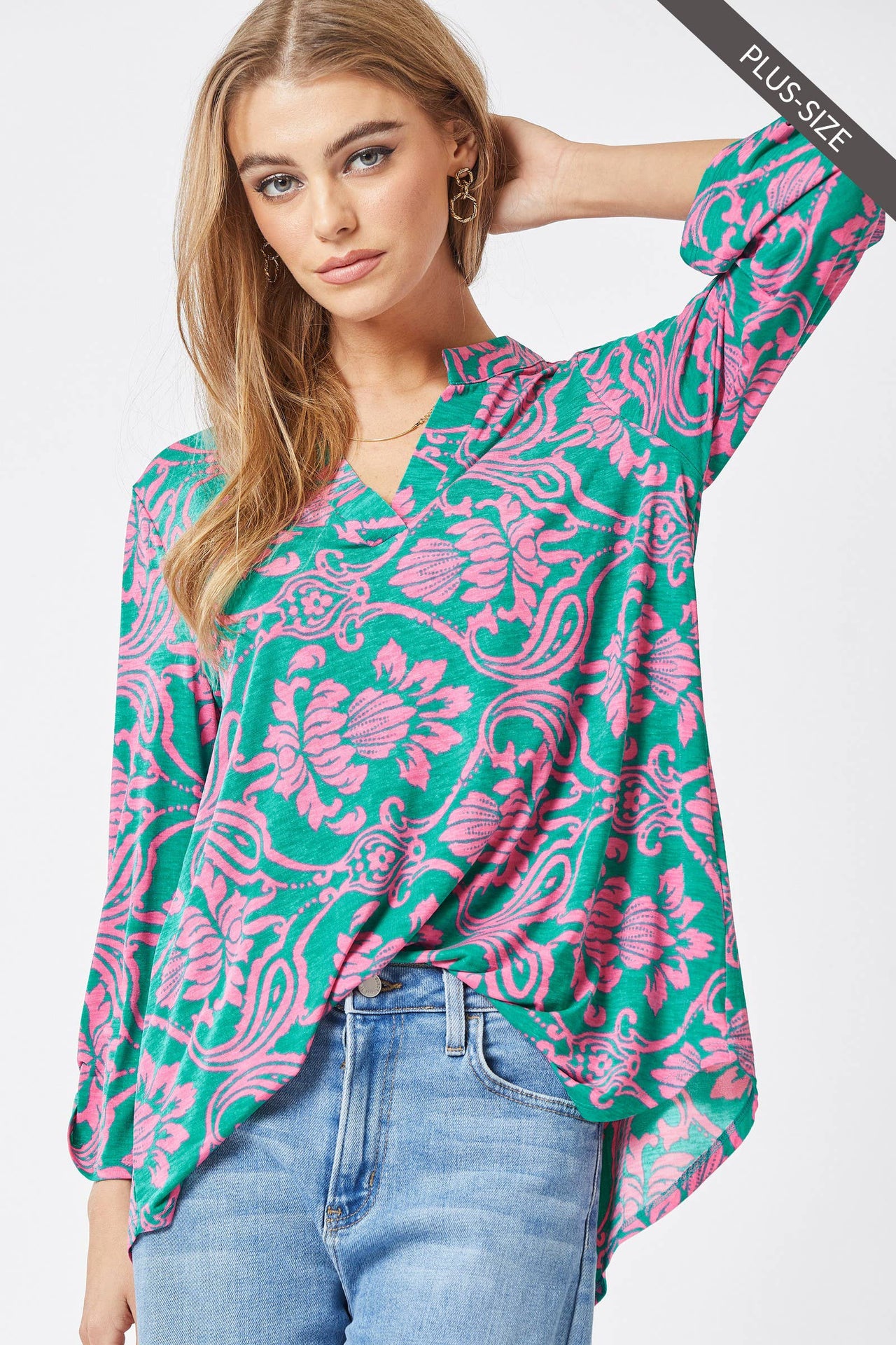 PLUS SIZE 3/4 Sleeve Lizzy Wrinkle Free Blouse: Emerald Pink