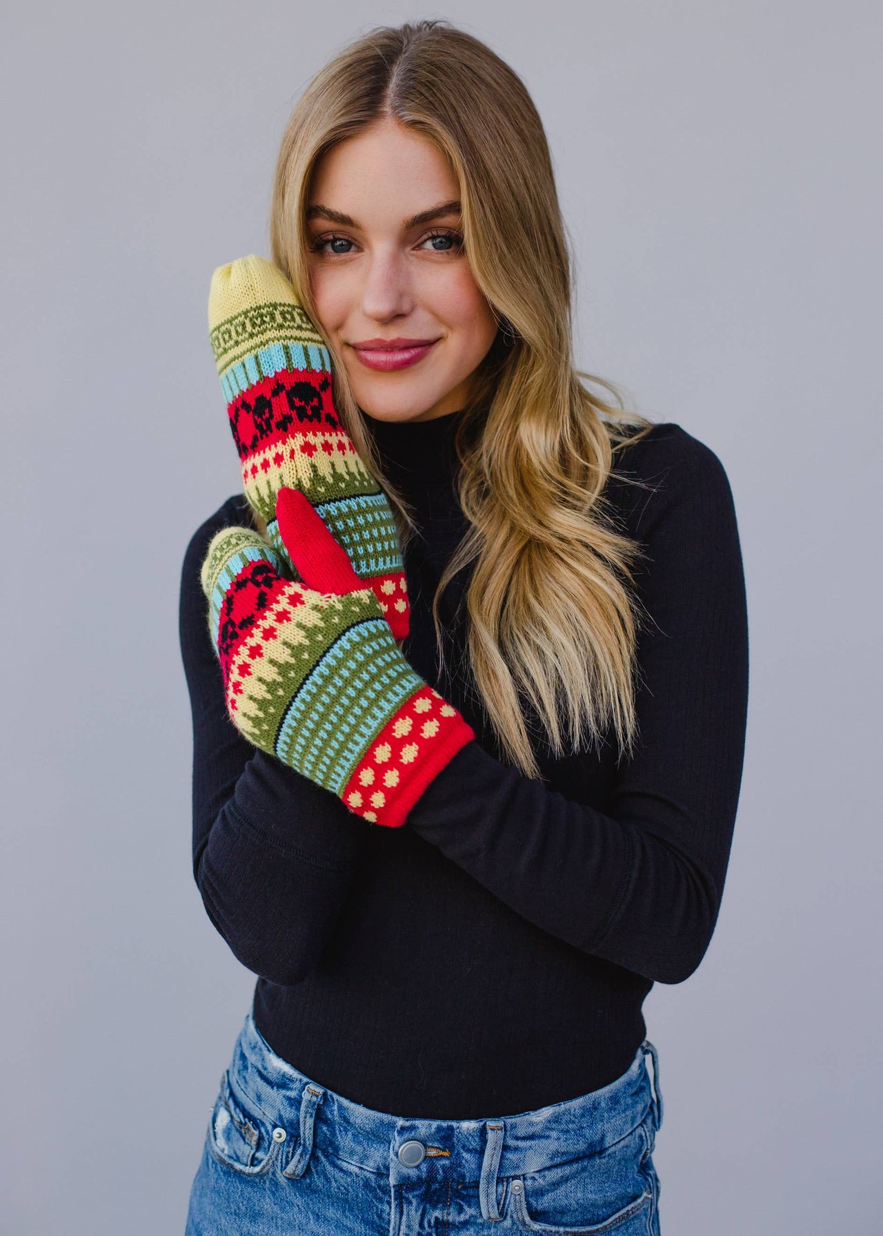 Yellow, Red & Black Patterned Knit Mittens