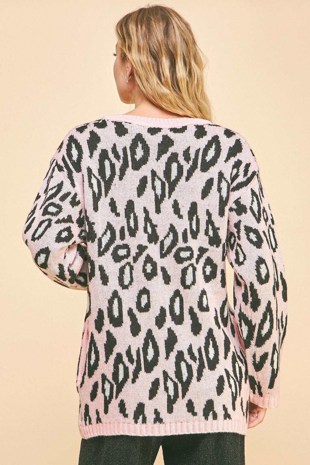 LEOPARD RIBBON TIE FRONT LOOSE FIT KNIT CARDIGAN