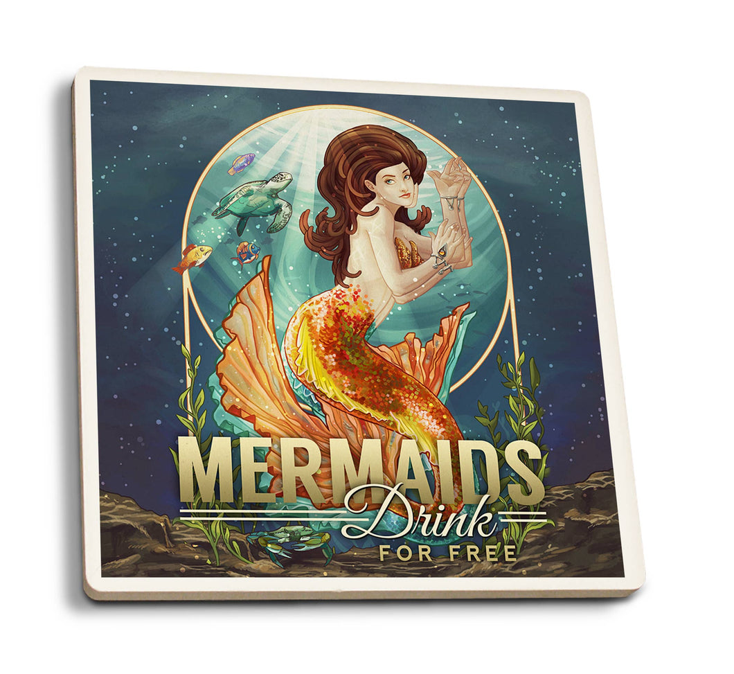 Mermaids Drink for Free Ceramic Coaster