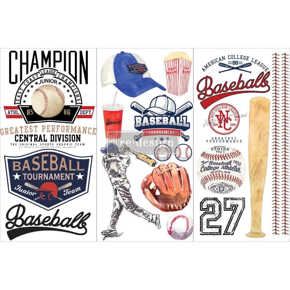 6" x 12" Baseball 3 sheets - Redesign with Prima Transfer - Rub on Decal - Rubbish Restyled