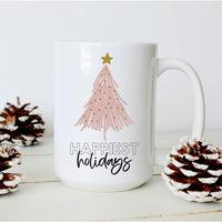 Thumbnail for Sweet Mint Handmade Goods - 15oz mug, Happiest Holidays with Pink Christmas Tree, Modern