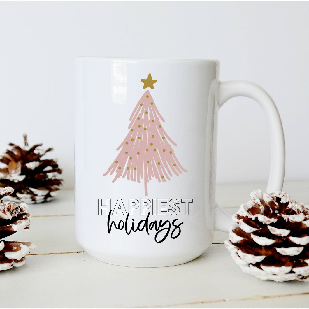 Sweet Mint Handmade Goods - 15oz mug, Happiest Holidays with Pink Christmas Tree, Modern