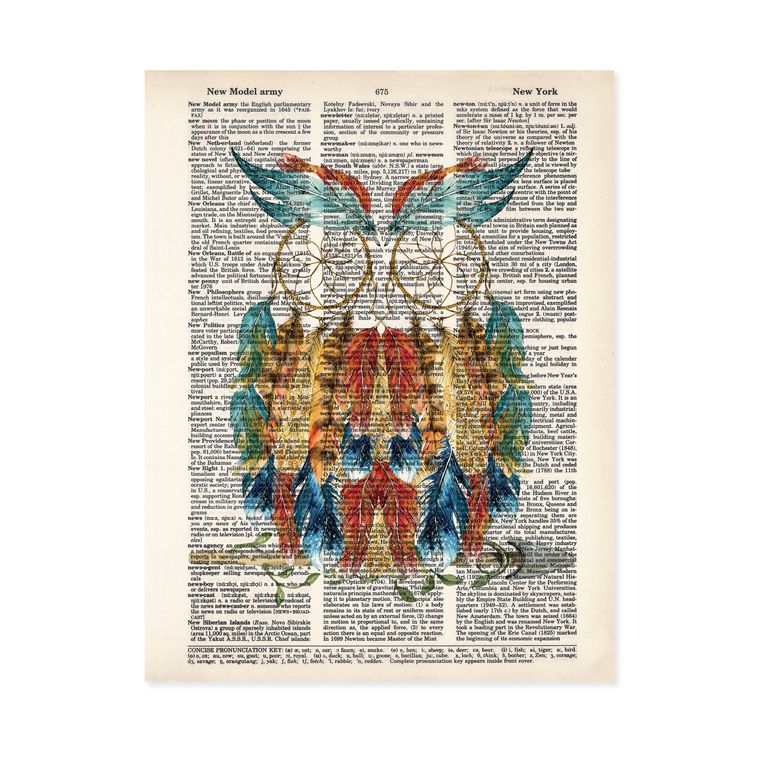 Owl with Dreamcatcher Eyes sitting on an Arrow Branch - Dictionary Page Art